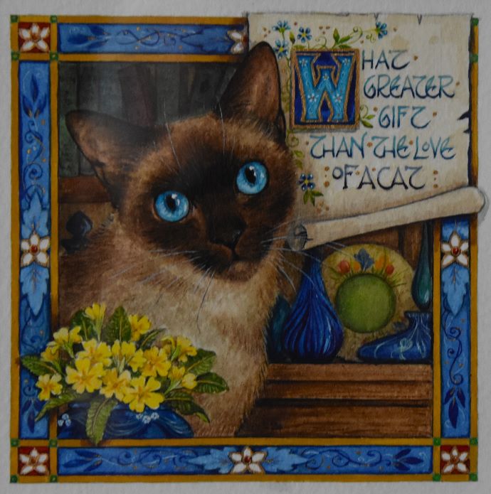 'What Greater Gift Than The Love of a Cat' Inspired by a quote from Charles Dickens A Watercolour by Debby Faulkner-Stevens